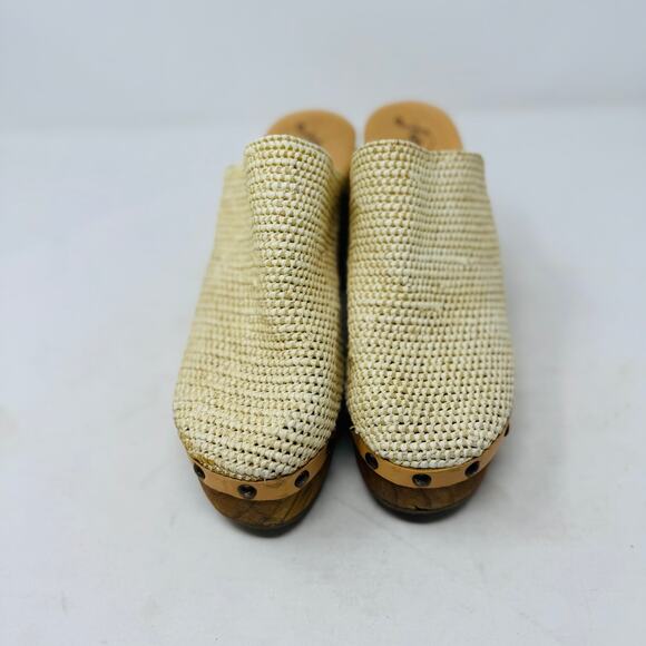 Free People Woven Raffia Platform Mules Natural Wood Heel Clogs Size 39 Boho - Picture 4 of 11
